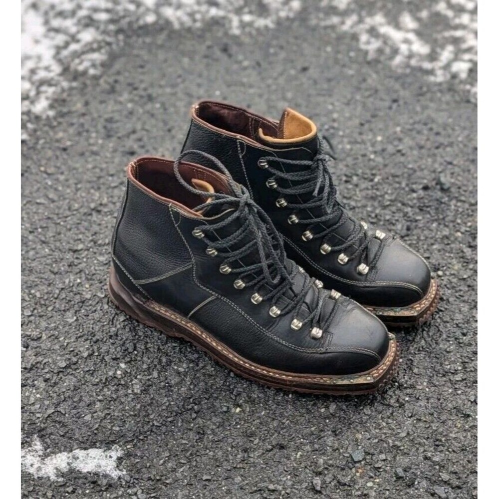 Gorpcore Vintage Swiss RAICHLE Black Leather Telemark Hiking Boots 9.5 Outdoors